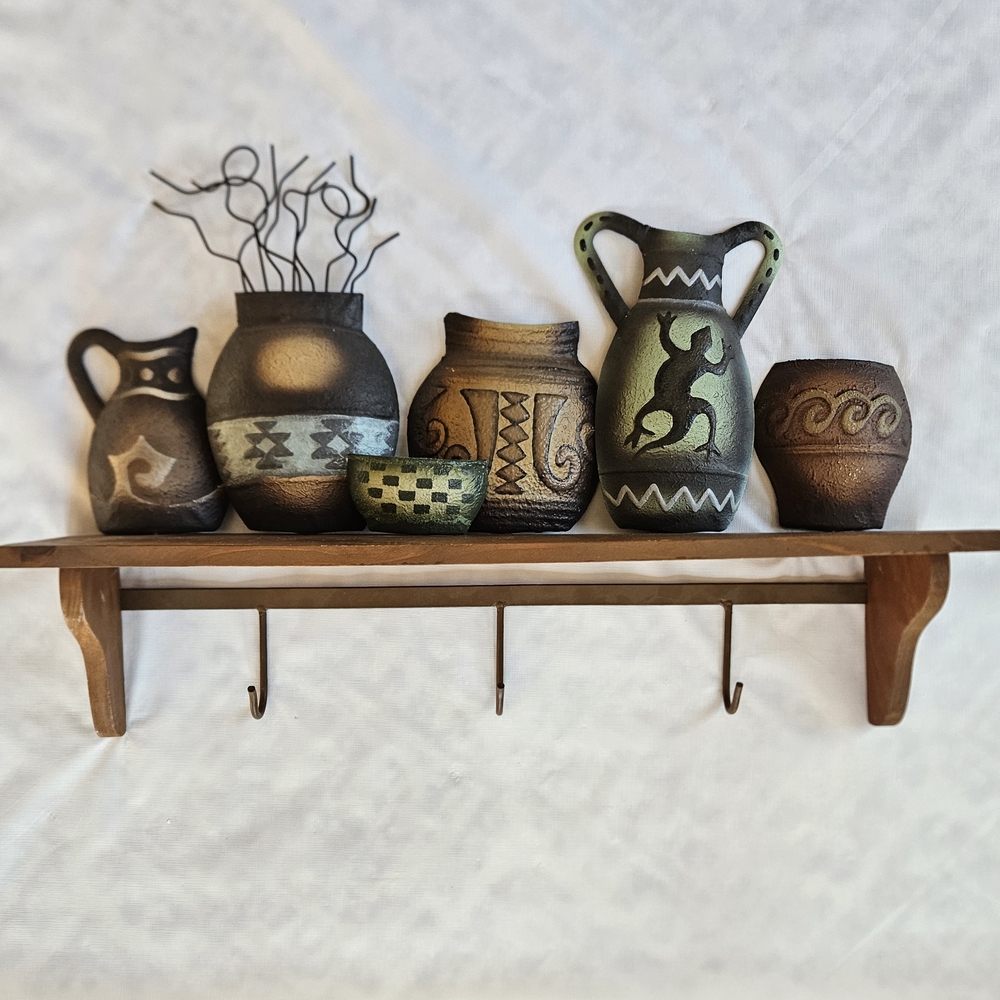 Southwestern Aztec Wooden Shelf 23.5" x 15.5" x 5" Metal Pottery Key Hooks